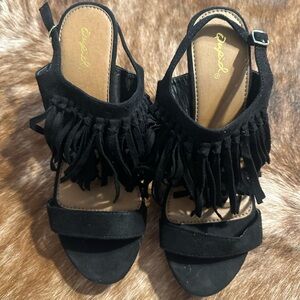 Black Fringe Cork Wedge Sandals